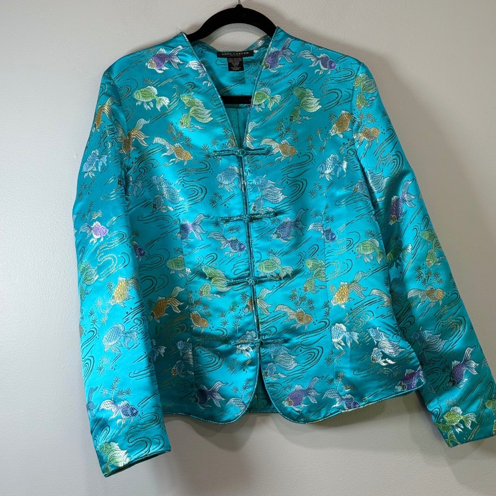 Anne Carson Petite Teal Goldfish Brocade asian statement Jacket Blazer P/L